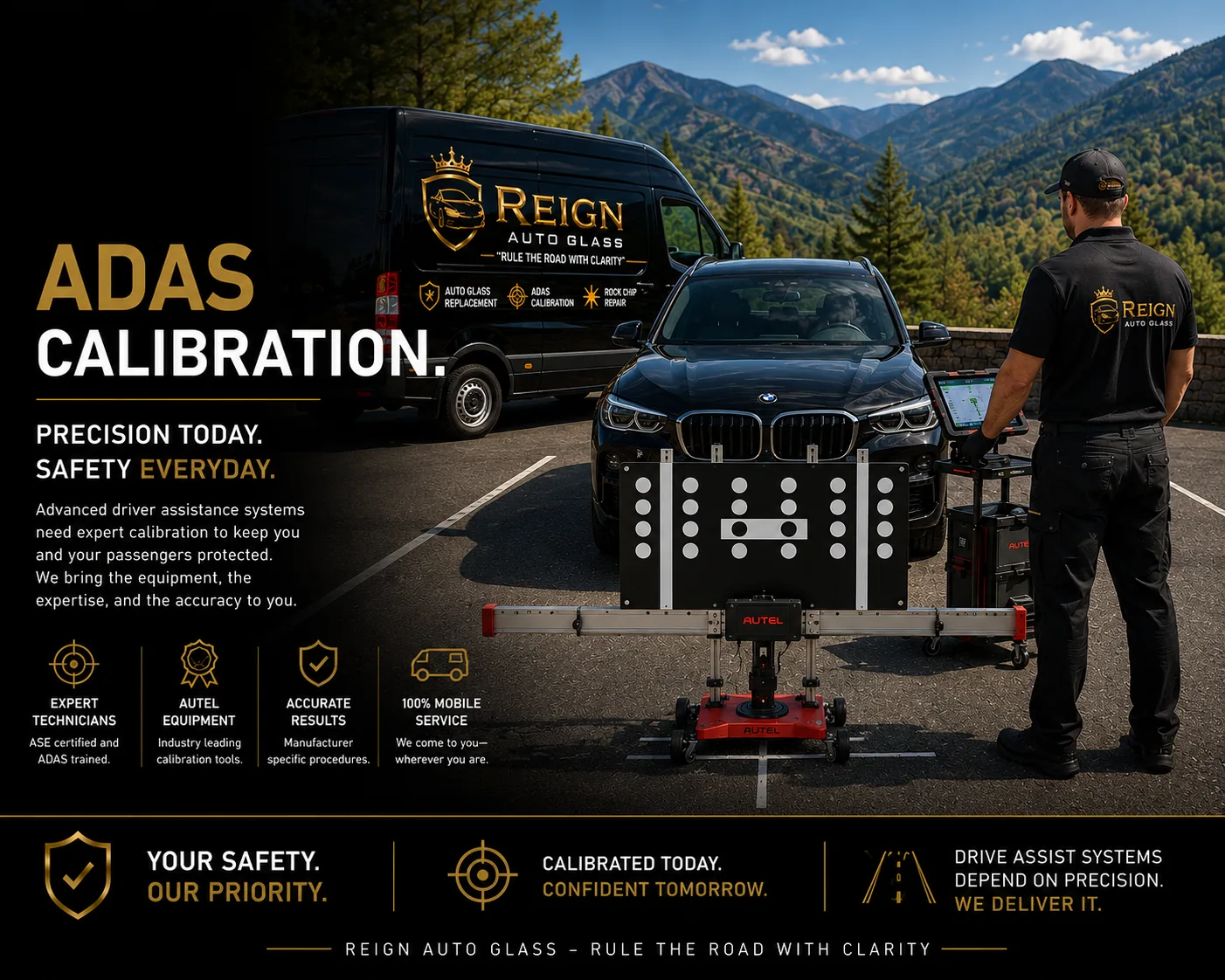 Reign Auto Glass ADAS calibration graphic showing a technician calibrating a black BMW SUV with Autel targets on a mountain road