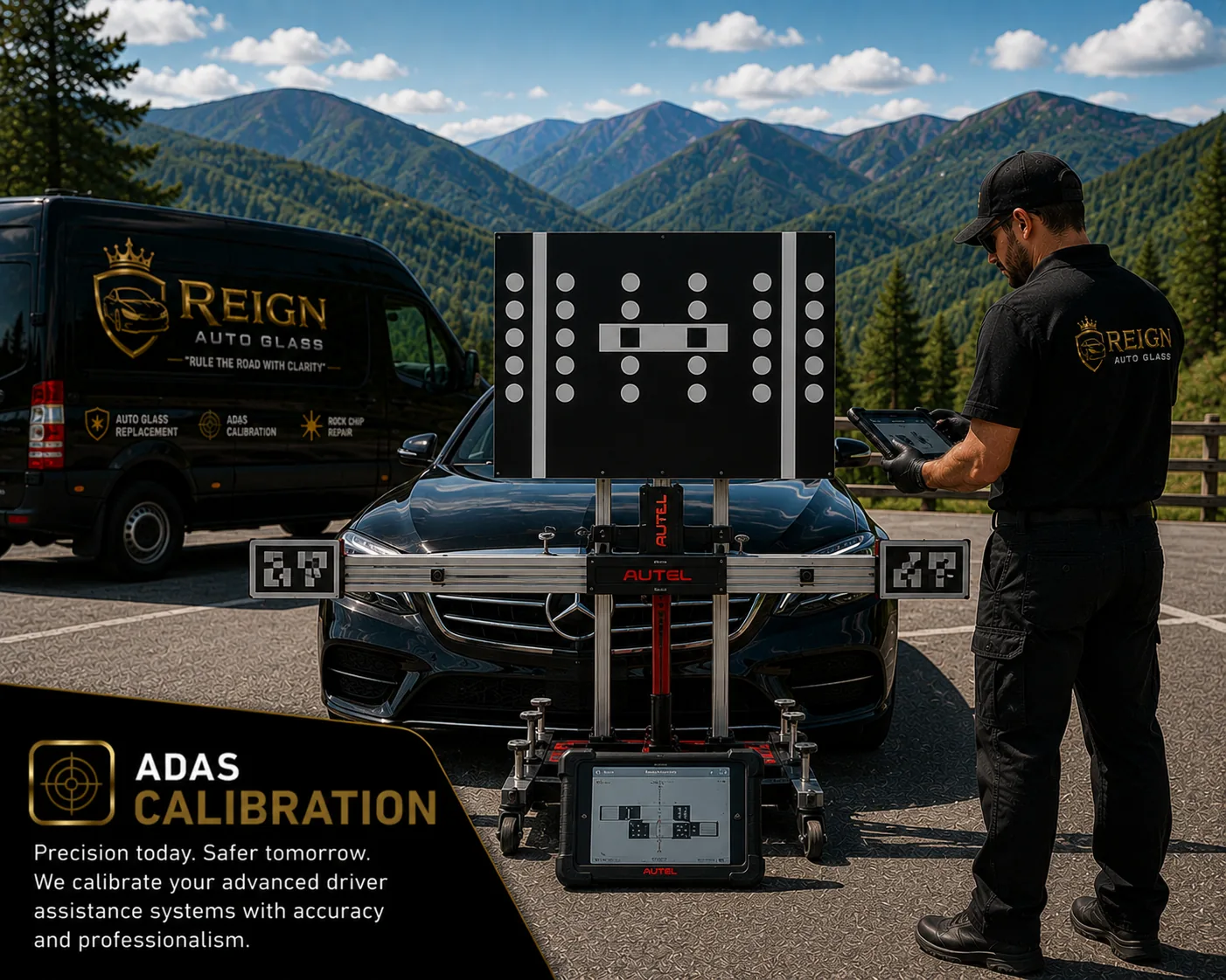 Autel calibration target frame set up in front of a black Mercedes on a mountain overlook