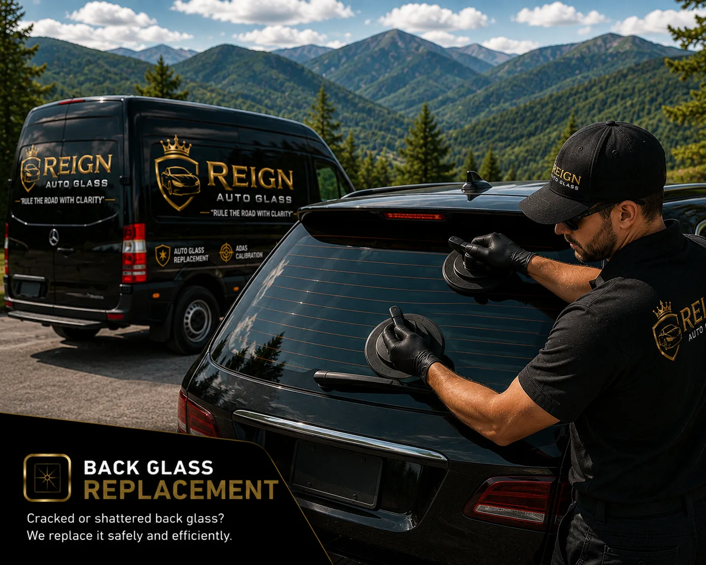 Technician removing a shattered back glass from a black SUV with suction cups