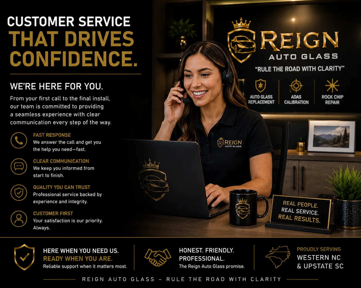 Reign Auto Glass customer service graphic showing a technician handing keys back to a customer beside the service van