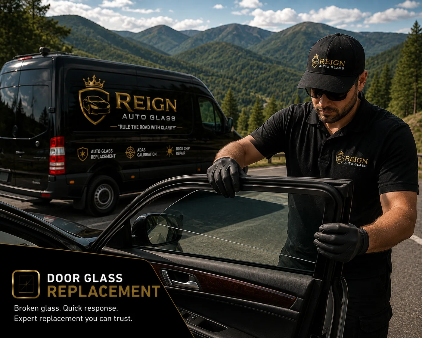 Technician holding a replacement door glass beside an open car door