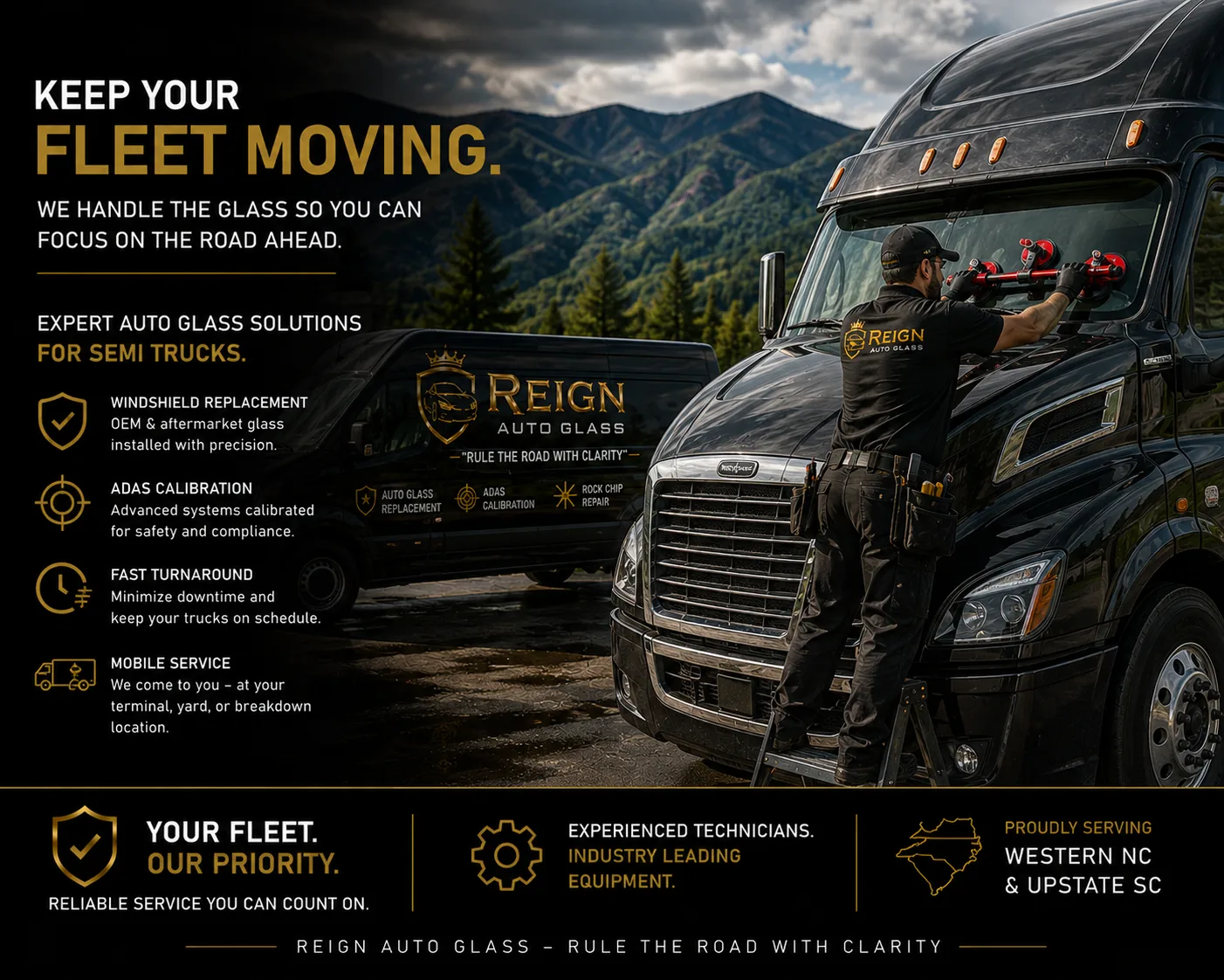 Reign Auto Glass fleet graphic reading Keep your fleet moving, listing windshield replacement, ADAS calibration, fast turnaround and mobile service for semi trucks