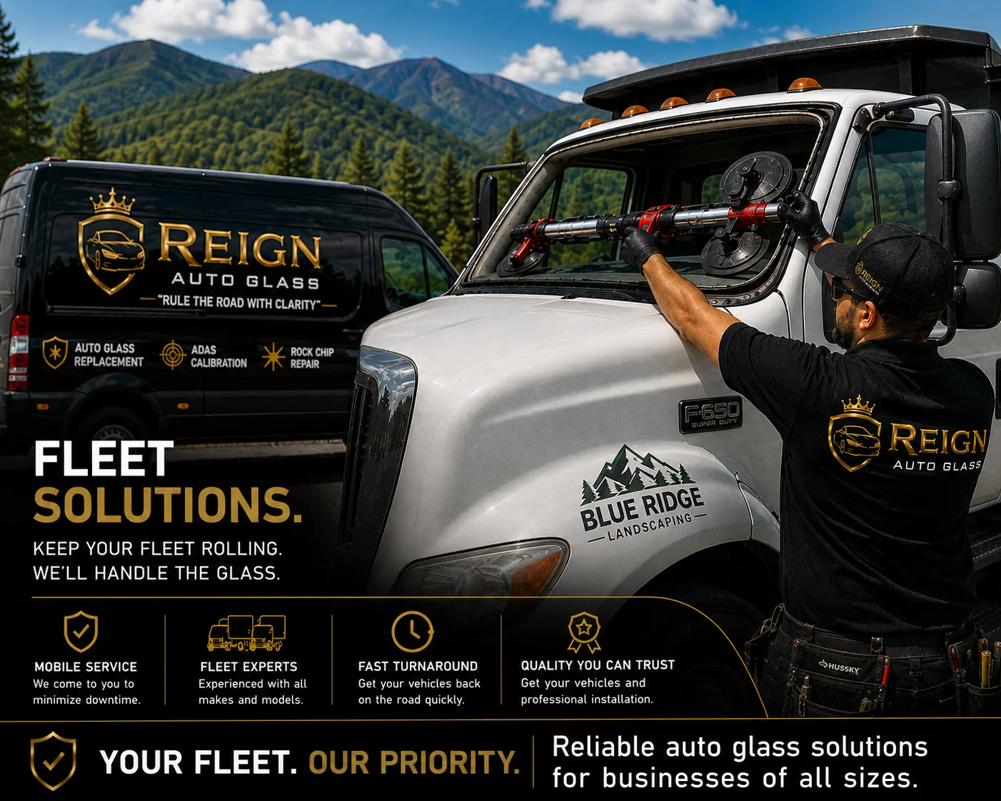 Reign Auto Glass fleet solutions graphic showing a technician replacing the windshield of a white work truck