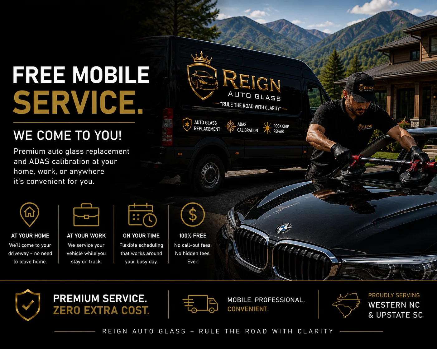 Reign Auto Glass free mobile service graphic showing the service van and a technician working on a black BMW windshield