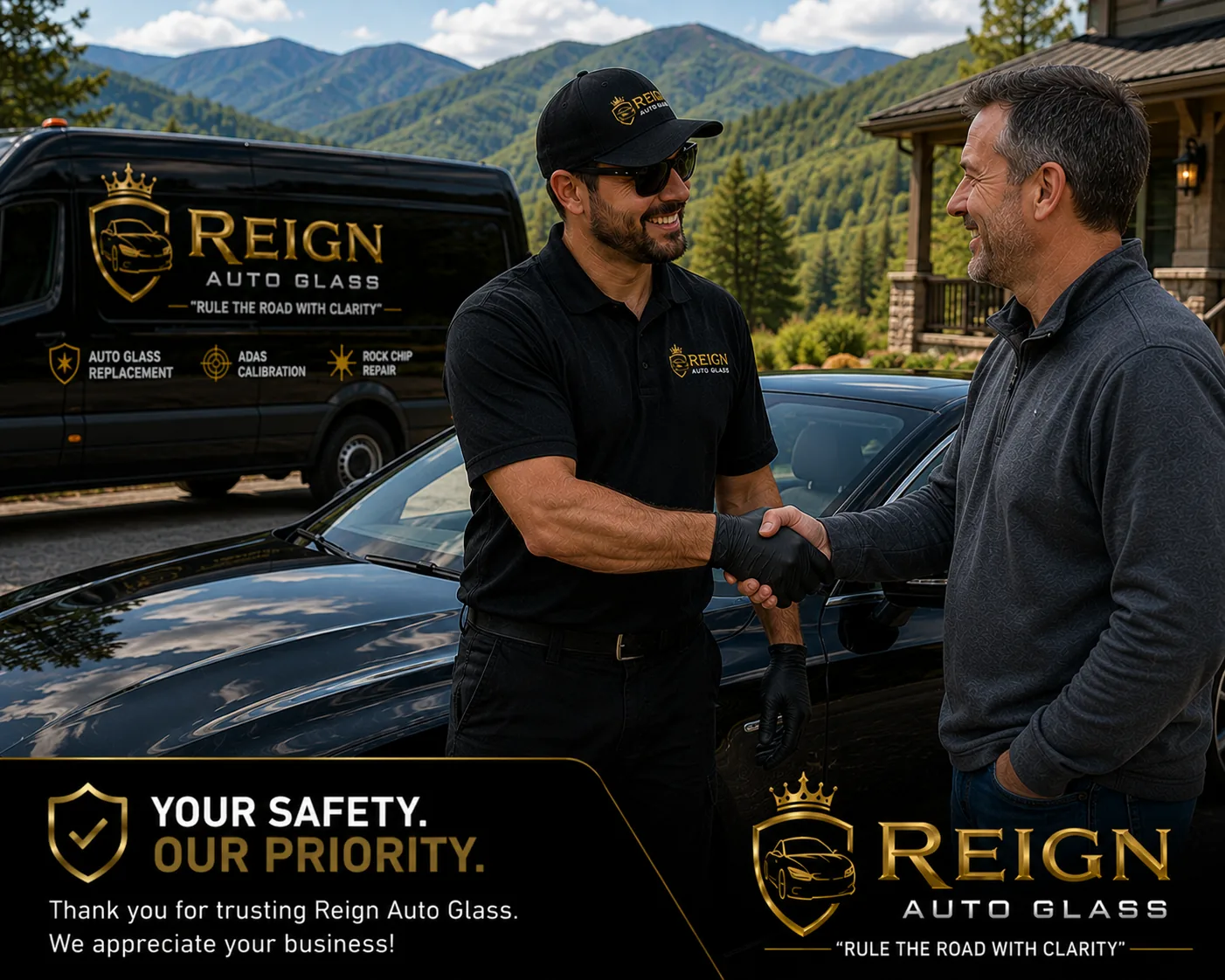 Reign Auto Glass technician shaking hands with a customer beside a black car and the service van