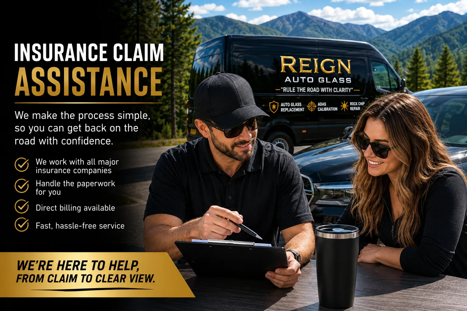 Reign Auto Glass insurance claim assistance graphic showing a technician reviewing paperwork with a customer at the vehicle