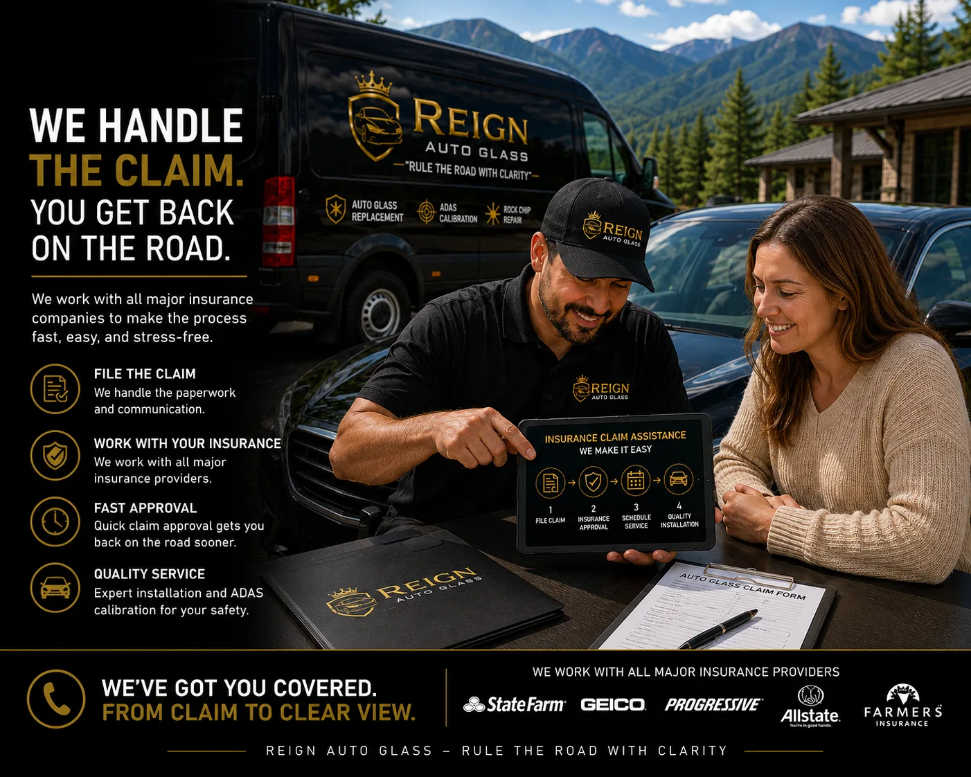 Reign Auto Glass insurance claim assistance graphic showing a technician explaining the claim steps to a customer on a tablet