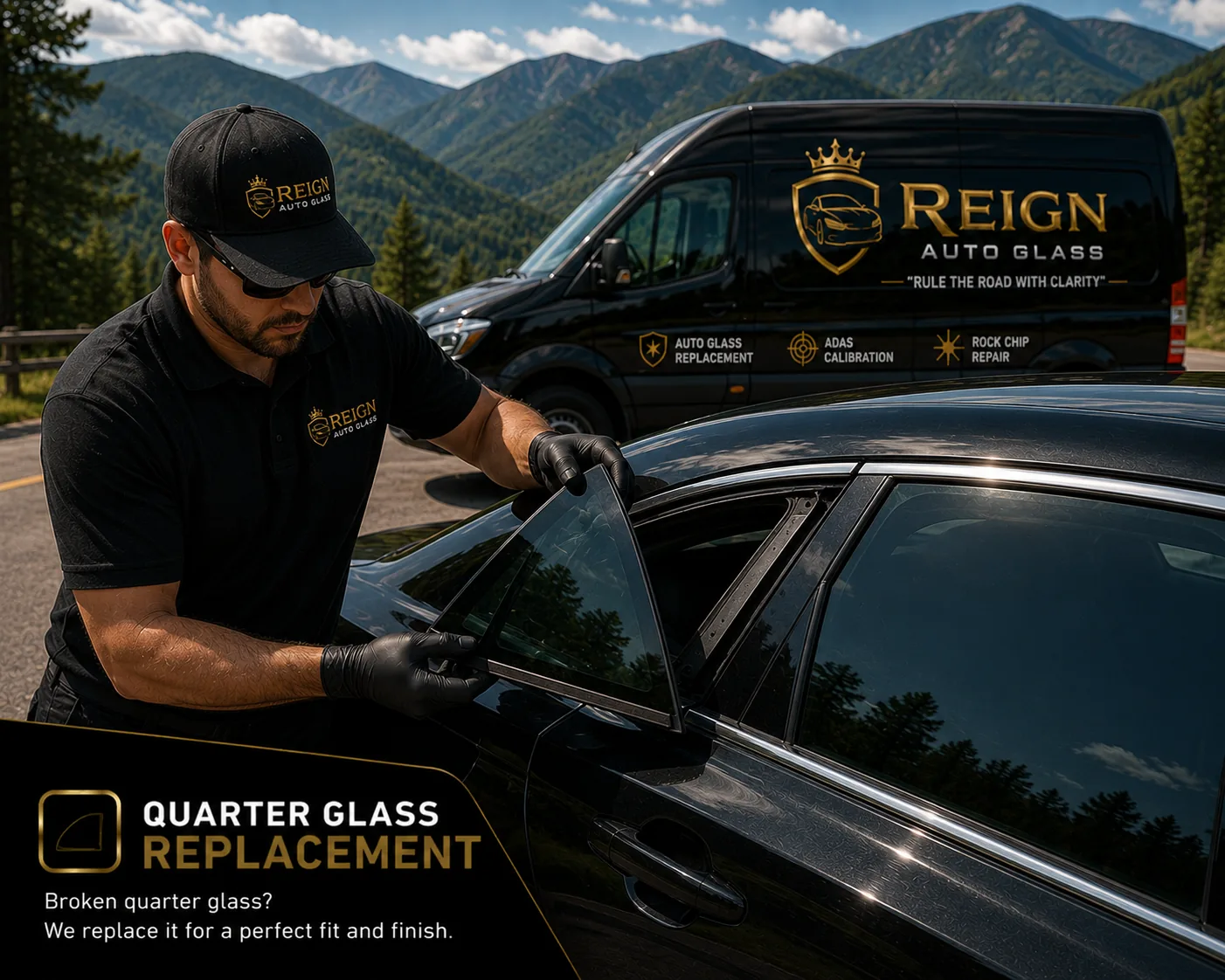 Technician fitting a triangular quarter glass panel to a black sedan