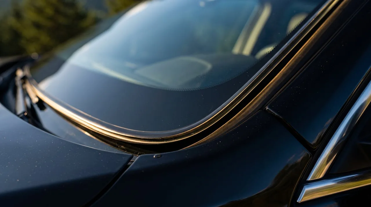 Close view of a freshly installed windshield edge on a black car, with clean urethane bead and mountain reflections in the glass