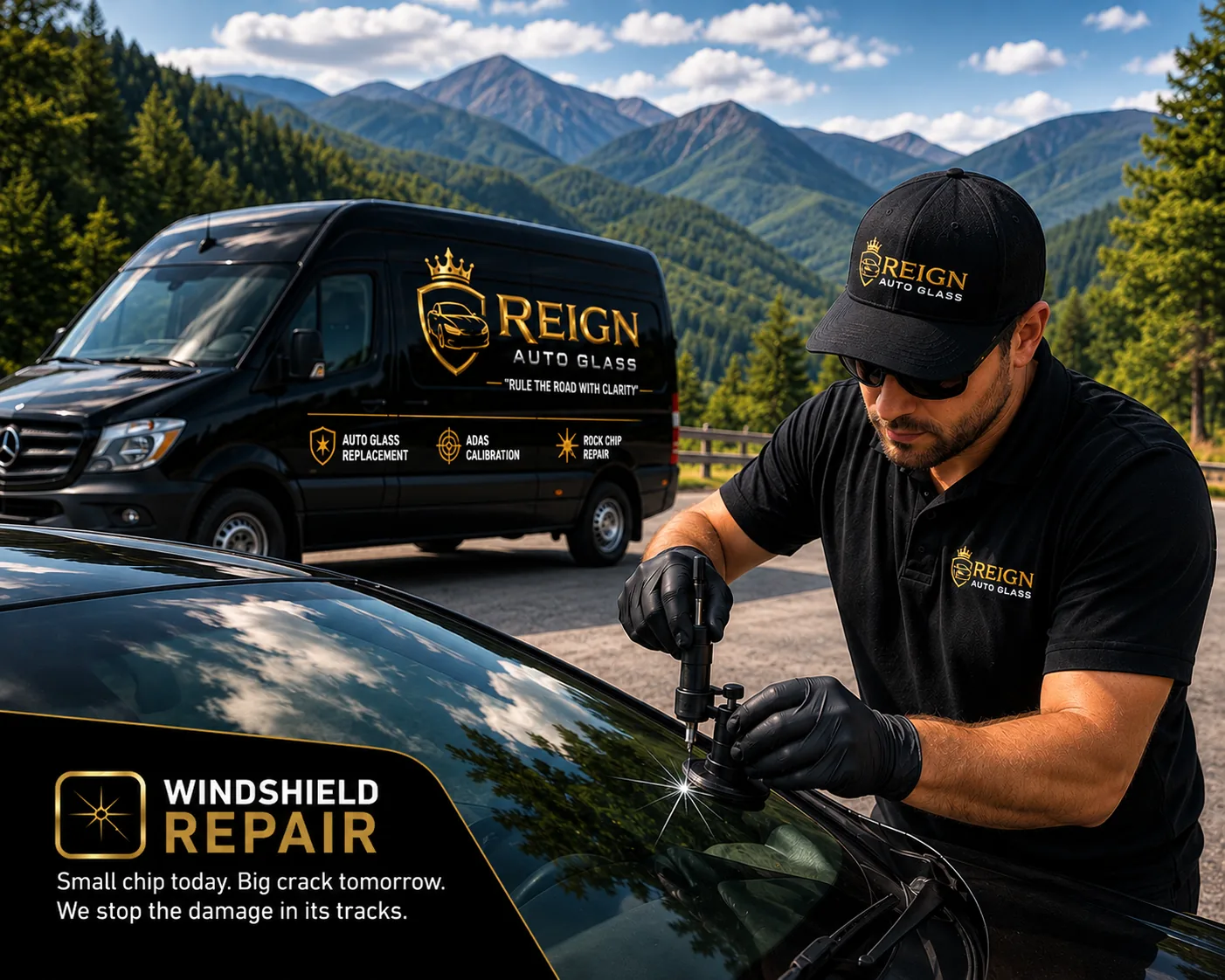 Reign Auto Glass technician injecting resin into a rock chip on a black car hood with Blue Ridge Mountains behind