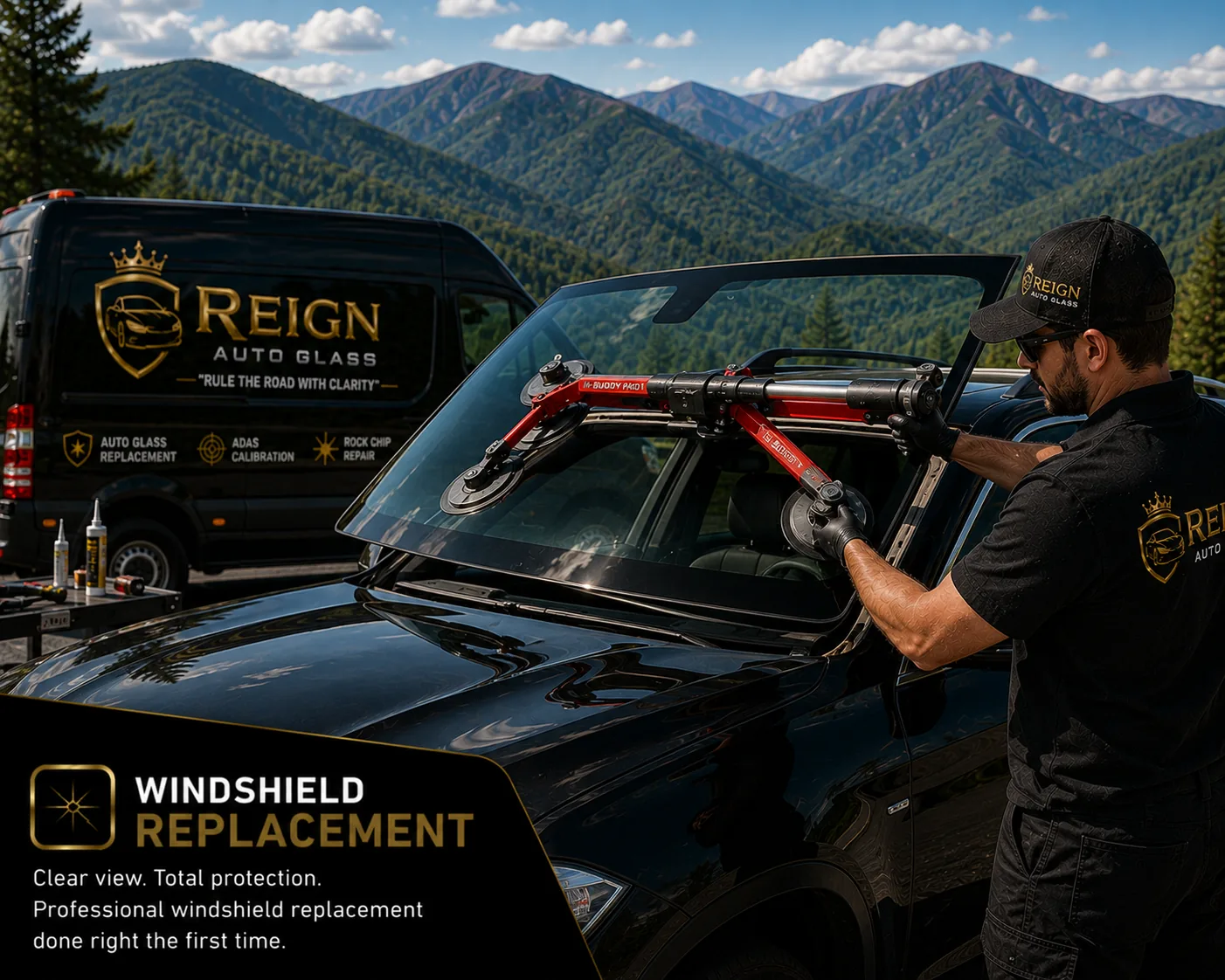 Two technicians lowering a new windshield onto a black sedan beside the Reign service van